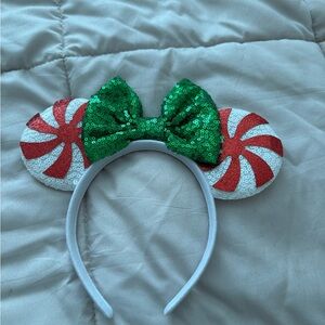 Disney Holiday Peppermint Mouse Ear Headband with Green Sequin Bow